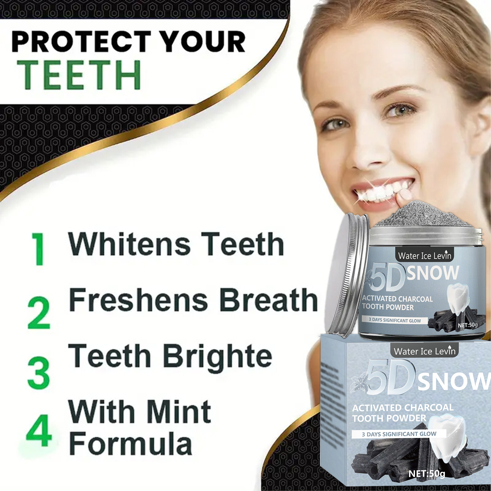 Water Ice Levin 5D Snow Activa - Teeth Whitening Charcoal Powder reseña y precio